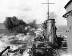 Cruiser Salt Lake City firing her 8-in guns on either Wotje, Marshall islands on 1 Feb 1942 or Wake Island on 24 Feb 1942; note SOC Seagull floatplane onboard