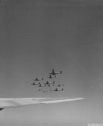 A formation B-29 Superfortress bombers in flight toward Japan, 1945