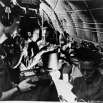 B-29 Superfortress bomber crew members inside their aircraft, 1945