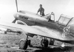 American pilot posing with his P-40E Kittyhawk fighter in China, circa 1940s; note 5 Japanese flags noting 5 kills