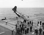 FM-2 Wildcat fighter after a barrier crash aboard USS Sable, Great Lakes, United States, May 1945