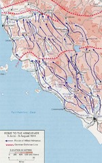 Map showing Allied advance from Rome toward the Arno River, Italy, 5 Jun-5 Aug 1944