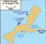 Map depicting the Allied landings on Kiska Island, Aleutian Islands, US Territory of Alaska, 15-16 Aug 1943