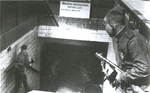 Russian soldiers with PPSh-41 submachine guns entering the Frankfurter Allee station in Berlin, Germany, late-Apr 1945