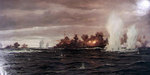 Painting by Claus Bergen depicting the German heavy cruiser Prinz Eugen and battleship Bismarck firing on British warships Hood and Prince of Wales
