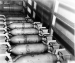 Bombs aboard USS Hornet, Apr 1942; note 100-pound bombs for Navy dive bombers in the foreground and 500-pound bombs for Army B-25 bombers in background