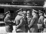 L to R: Joachim von Ribbentrop, Wilhelm Keitel, Hermann Göring, Rudolf Heß, Adolf Hitler, and Walther von Brauchitsch before the railroad car that hosted the French surrender, Compiègne, France, 22 Jun 1940