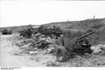 Destroyed British universal carrier and QF 2 pounder anti-tank gun in Calais, France, May 1940