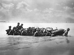 Wounded US Marines being evacuated from Tarawa via a rubber boat, Gilbert Islands, Nov 1943