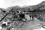 Japanese civilians walking through the ruins of Nagasaki, Japan, 1945