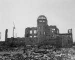 Ruins of the Hiroshima Prefectural Commercial Exhibition Hall, Hiroshima, Japan, 24 Oct 1945; distance from center of blast at this point was about 350 meters
