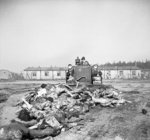 A British Army bulldozer pushed bodies of Bergen-Belsen Concentration Camp victims into a mass grave, Germany, 19 Apr 1945; note driver had to cover nose and mouth with handkerchief