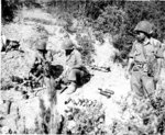 Japanese-American mortar crew of 100th Infantry Battalion, US 442nd Regimental Combat Team firing into suspected German sniper positions, Montenero area, Italy, 7 Aug 1944, photo 2 of 2