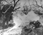 Two US Marines attacking with flamethrowers on Iwo Jima, Japan, 4 Mar 1945