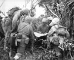 Lieutenant R. A. Tilgham studying a map with his Marines, western Iwo Jima, Japan, 1945