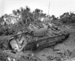 US Marine M4 Sherman tank mired in soft volcanic sand, Iwo Jima, Japan, 21 Feb 1945