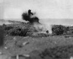 US Marines scoring a direct hit on a Japanese pillbox, Iwo Jima, Japan, 19 Feb 1945