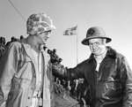 Lieutenant General Holland Smith congratulating Major General Graves B. Erskine, Iwo Jima, Japan, Mar 1945