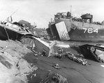 LST-764 unloading on an Iwo Jima beach, circa late Feb 1945