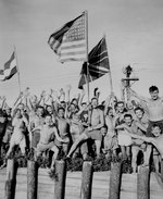 Allied prisoners of war at Aomori camp near Yokohama cheered as US Navy and other Allied personnel arrived to rescue them, 29 Aug 1945