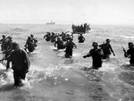 First wave of American troops storming ashore from amphibious landing craft, Leyte, Philippine Islands, 20 Oct 1944, photo 1 of 3