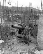 Japanese 200mm coastal defense gun at Bangi Point, Agat beachhead, Guam, Mariana Islands, 5 Oct 1944; note the incomplete revetment