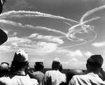 Aircraft trails above Task Force 58 during the Battle of the Philippine Sea, 19 Jun 1944; photographed aboard light cruiser Birmingham