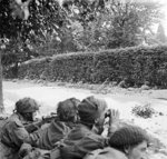 British troops of C Company, 5th Battalion, Border Regiment waiting in ditches near a road, observing German troops 100 yards away, Arnhem, Gelderland, the Netherlands, 20 Sep 1944