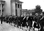 Women in the universal military training program marching in Moscow, Russia, late 1941