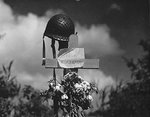 Tribute to a killed American soldier erected by French civilians, Carentan, France, 17 Jun 1944