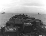 Vehicles and British troops on board a LST off Utah Beach, Normandy, 9 Jun 1944