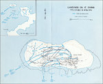 Map depicting the landings at Ie Shima, Okinawa, Japan by men of US Army 77th Division, 16 Apr 1945