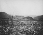 View of a devastated area on Okinawa, Japan, 1945