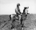 US Marine Private Grady Hogue on a horse, Okinawa, Japan, Apr 1945