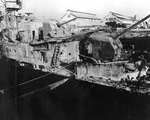 Starboard bow view of destroyer Downes, burned out in Pearl Harbor Navy Yard