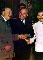 Churchill, Truman, and Stalin shaking hands during the Potsdam Conference, Germany, 23 Jul 1945, photo 1 of 3