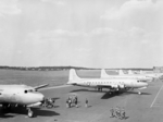US C-54 Skymaster aircraft at the Berlin-Gatow airfield, Germany, 15 Jul 1945; these aircraft brought Harry Truman and other US leaders to Berlin for the Potsdam Conference