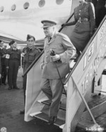 British Prime Minister Winston Churchill arriving at Berlin-Gatow airfield, Germany, 15 Jul 1945
