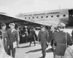 US General Brehon Somervall arriving at Berlin-Gatow airfield, Germany, 15 Jul 1945, photo 3 of 3; note Brigadier General Earl Hoag present to greet Somervall