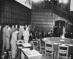 Stalin, Molotov, and the rest of the Soviet delegation at the conference room in Schloss Cecilienhof, Potsdam, Germany, 19 Jul 1945