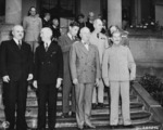 Vyacheslav Molotov, James Byrnes, Charles Bohlen, Harry Truman, William Leahy, and Joseph Stalin in Potsdam, Germany, 17 Jul 1945, photo 4 of 5