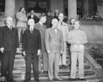 Vyacheslav Molotov, James Byrnes, Charles Bohlen, Harry Truman, William Leahy, and Joseph Stalin in Potsdam, Germany, 17 Jul 1945, photo 5 or 5