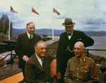 Franklin Roosevelt, the Earl of Athlone, Mckenzie King, and Winston Churchill on the terrace at the Citadelle, Quebec, Canada, Aug 1943