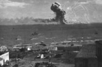 American transport SS Robert Rowan exploding after being hit by German Ju 88 bombers, Gela, Sicily, at about 1550 to 1555 hours on 11 Jul 1943