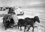 Soviet T-34 tanks and horse-drawn supply sled in southern Russia during Operation Uranus, Nov 1942