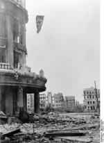 German flag outside a ruined building which acted as Friedrich Paulus