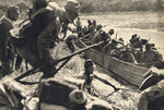 Soldiers of Japanese 13th Division crossing a tributary Han River south of Shayangzhen, Hubei, China, 6 Jun 1940