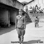 Japanese Army Major Ichikawa of 3rd Battalion, 215th Infantry Regiment awaiting trial for the death of 600 civilians of the village of Kalagan in Southern Burma during the war, Rangoon, 25 Feb 1946