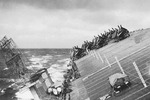 USS Cowpens rolling in heavy seas in Typhoon Cobra in the Pacific Ocean, 18 Dec 1944