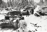 Finnish troops inspecting destroyed Soviet vehicles, Finland, 17 Jan 1940